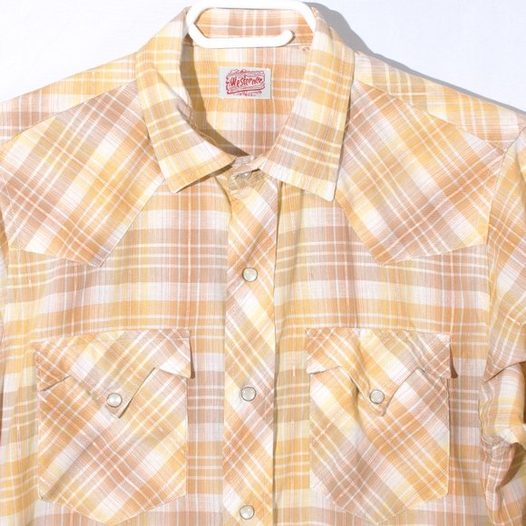 Vintage Westerner Men's Pearl Snap 15x33 Gold Plaid Cotton Poly DoublePoint Yoke - Picture 1 of 6